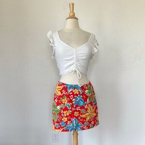 Vintage 80s Red Hawaiian Floral Mini Skirt
